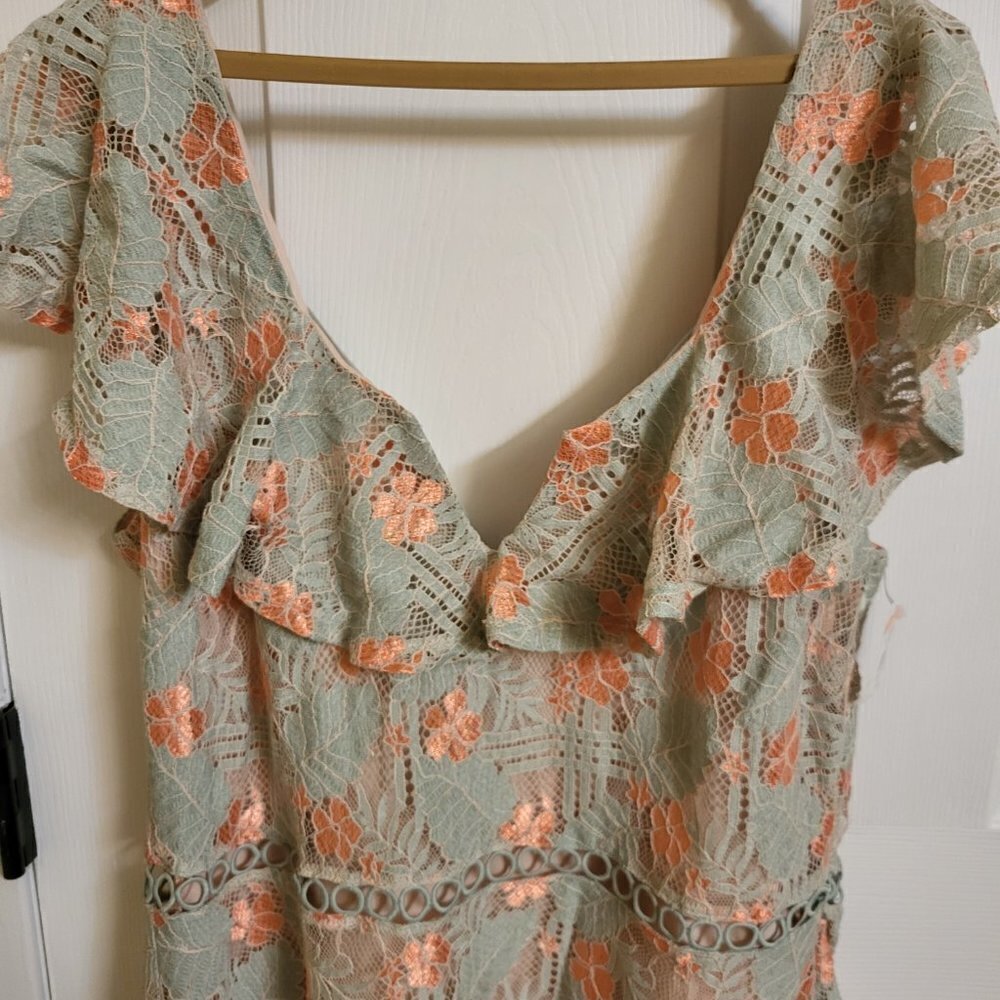 Nortstrom's NSR Teal and Peached ruffled laced dress w/ back bow Size XL NWT - Picture 2 of 10